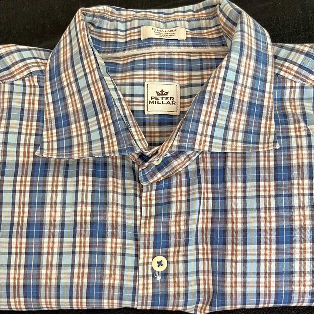 Peter Millar Blue Tan White Plaid Cotton Shirt XL